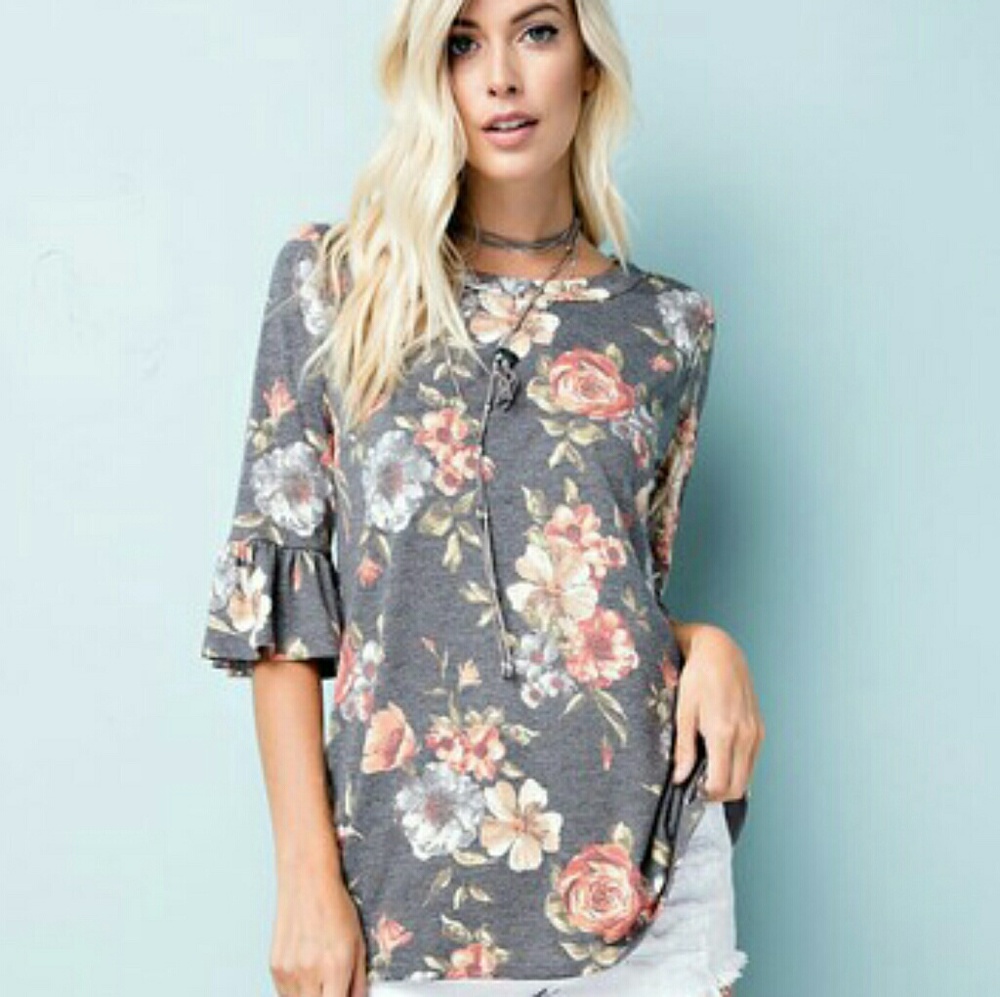 Jersey floral ruffle sleeve top